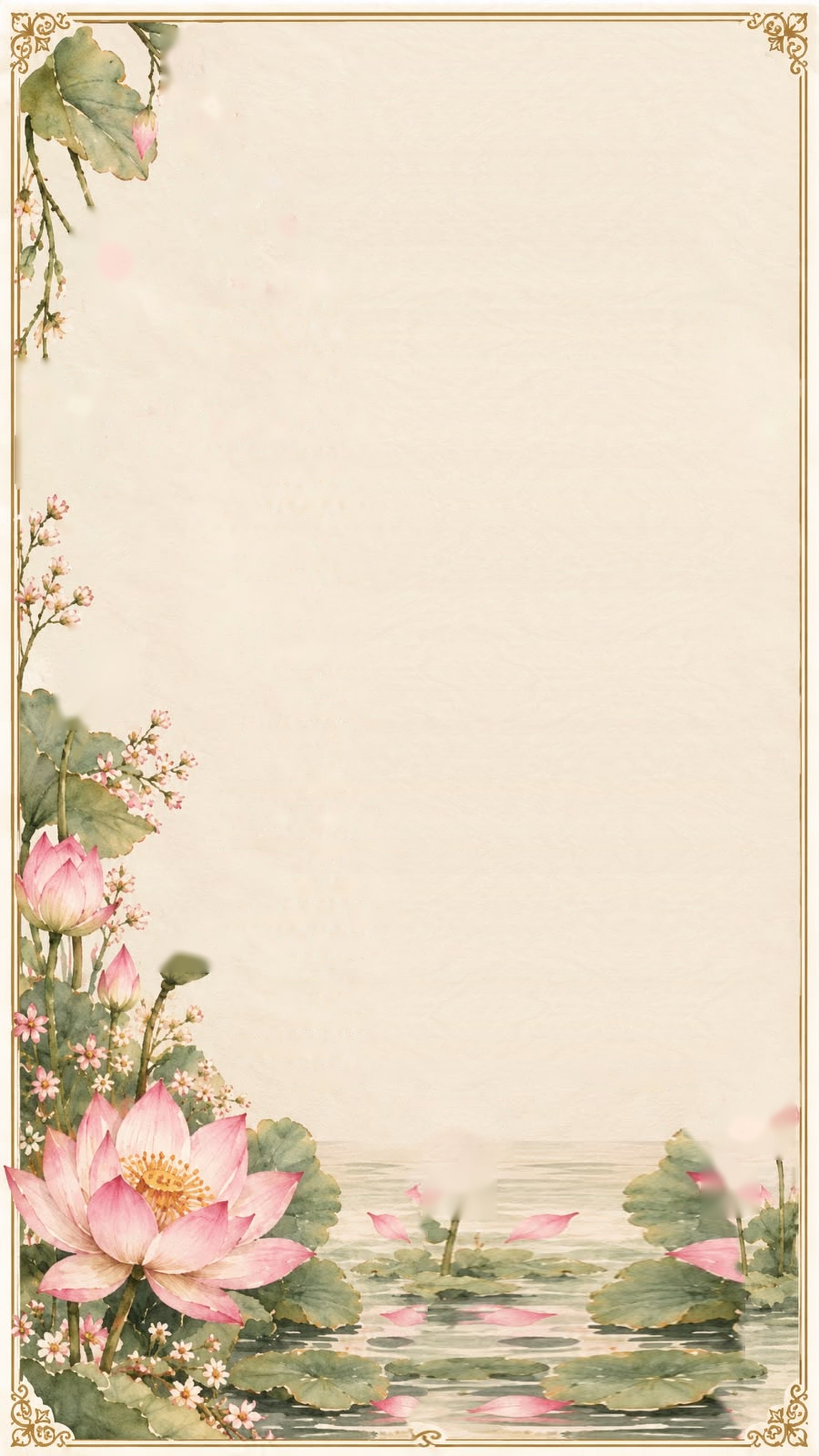 Watercolour pink lotuses, buds and baby's breath rising from a still pond, framed in a fine gold border with filigree corners.